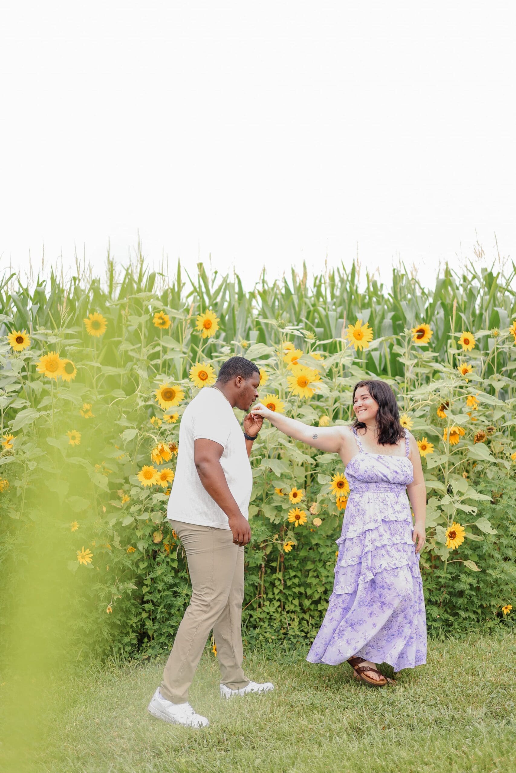 A couple walks in a sunlit meadow of sunflowers, the man kisses his girlfriend's hand. The landscape is lush and green, conveying a warm and joyful atmosphere.