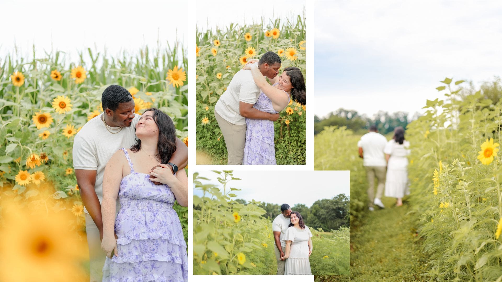 A couple walks in a sunlit meadow of sunflowers, the man kisses his girlfriend's hand. The landscape is lush and green, conveying a warm and joyful atmosphere.