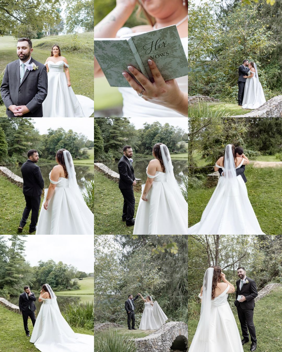 collage of photos of bride and groom first look from Cold Saturday Farm