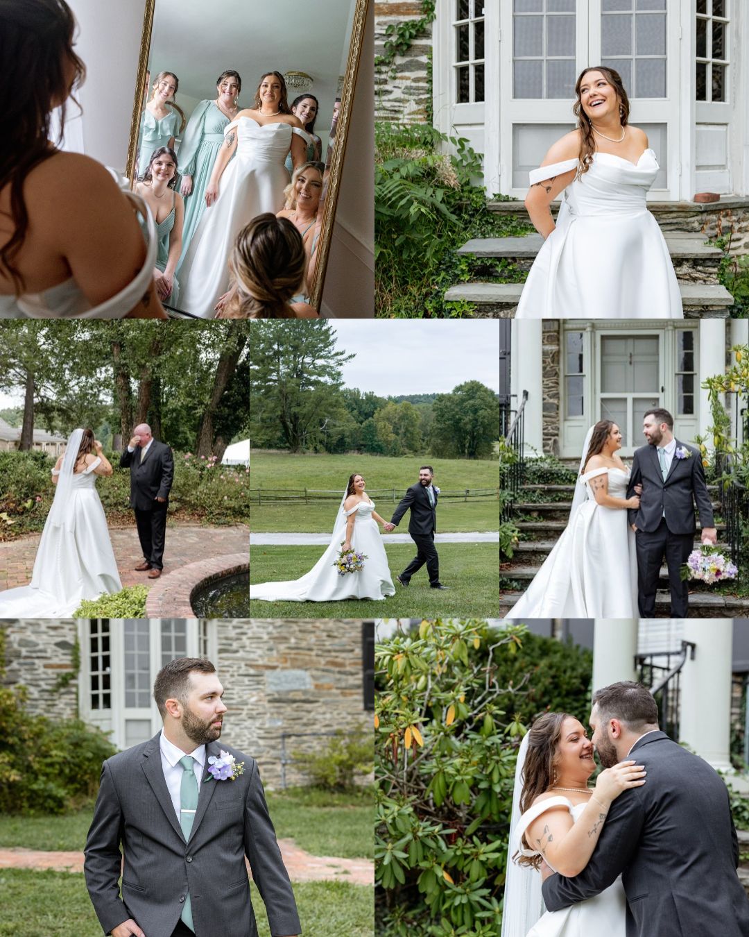 Collage of 7 photos from a wedding day in a barn wedding venue from Lauren Beth Photos.